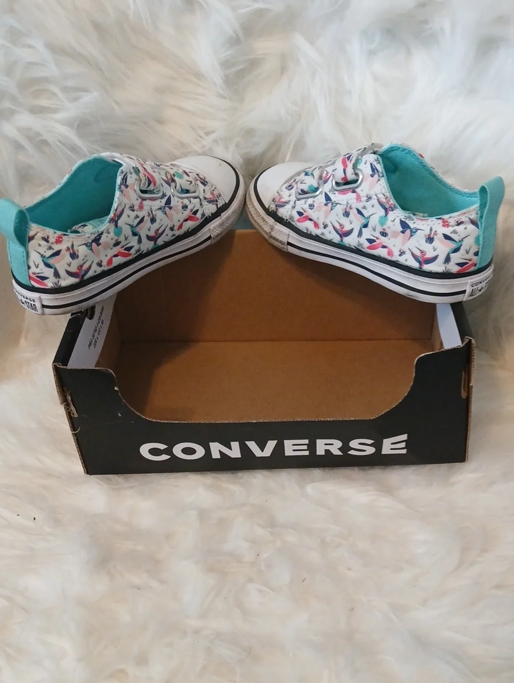 Converse Kids White Floral Velcro Sneakers, Teal Lining Unique HummingBird PRINT
